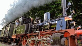 <p>Das von einer Dampflok gezogene "Kuckucksbähnel" tuckert von Neustadt ins Elmsteiner Tal.</p>