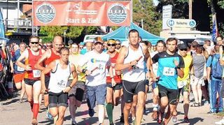 <p>Sportlich trotz glühender Hitze: Rund 100 Staffeln waren am Samstag beim Lauf über die Parkinsel am Start.</p>