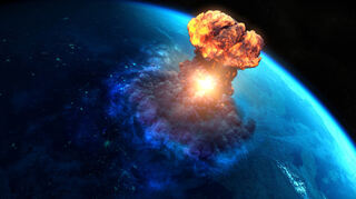 Das Bild – eine Computernachbildung – zeigt eine mögliche Auswirkung eines Atomraketenagriffs aus der Vogelperspektive. Ein Atompilz breitet sich über weiten Teilen der Erde aus.