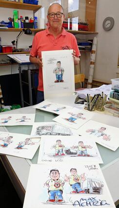 Illustrator Karl Gärtner hat seine Comicfigur Max Achtzig in vielen Entwürfen entwickelt.