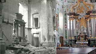 Die Jesuitenkirche: Links nach der Bombennacht 1943, die rechte Aufnahme entstand im August 2018.