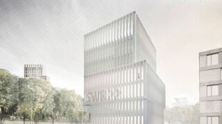 Das neue SWR-Gebäude – links im Hintergrund das Collini-Center, links am Rand die Bäume des Neckarufers, rechts die geplante Wohnbebauung.