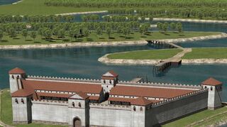 Das Römer-Kastell bei Altrip in einer Computer-Rekonstruktion – links von der Landseite aus und rechts vom Rhein aus. Auf der linken Darstellung erkennt man gut, wie sehr der Rhein noch von Inseln in der Flussmitte geprägt ist.
