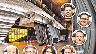 Von links nach rechts: Achim Weizel (ML), Thomas Trüper (Linke), Melis Sekmen (Grüne), Claudius Kranz (CDU), Rüdiger Ernst (AfD), Ralf Eisenhauer (SPD) und Volker Beisel (FDP)