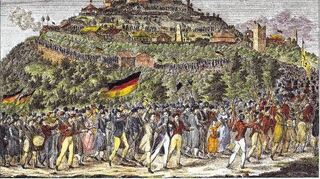 Eine zeitgenössische Illustration zum Zug auf das Hambacher Schloss im Mai 1832.