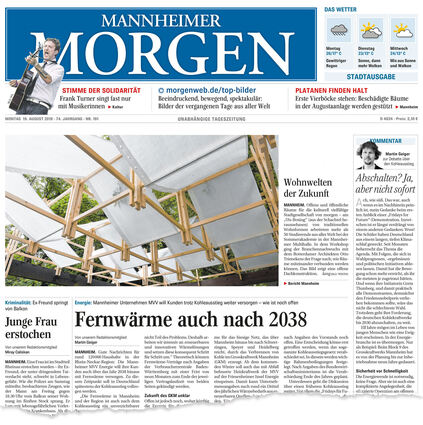 Blick auf die veränderte Titelseite des "Mannheimer Morgen": Rechts findet sich der Kommentar, der ab jetzt täglich auf der Seite 1 zu finden ist.