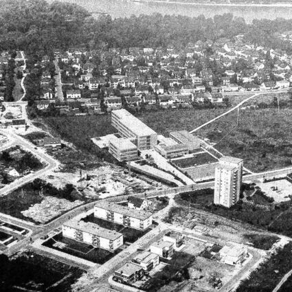 Der Ortsteil Niederfeld mit dem gerade erbauten Moll (Mitte) Anfang der 1970er Jahre. Am oberen Bildrand der Rhein.