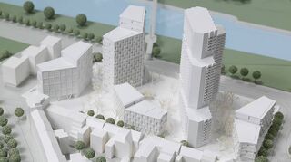 Das neue Collini-Ensemble im Modell. Der bestehende Wohnturm bleibt mit 102 Metern das höchste Wohngebäude der Stadt.