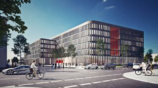 So soll das neue Gebäude von ABB in Mannheim-Käfertal aussehen. Der Sportwagen (links) fährt die Kallstadter Straße hinunter, nach rechts kommt man auf die Kreuzung an der B 38. Von dort wiederum geht es in die Mannheimer Innenstadt oder in Richtung Autobahn.