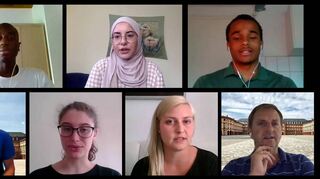 Protagonisten der Video-Dokumentation (v.l., oben): Kevin Che Ntep, Fikal-Hüsna Demirci, Moses Ruppert sowie (unten) Konstantin Schmidt, Rieke Avermann, Meike Bonefeld und Oliver Dickhäuser.