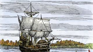 Ein Holzschnitt aus dem 19. Jahrhundert zeigt den umgebauten Weinfrachter Mayflower mit Kapitän Christopher Jones (rechts, rote Uniform).