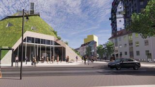 So wird der „grüne Hügel“ aussehen, das Nahversorgungszentrum im neuen Stadtteil Franklin. Auf der Spitze steht ein Wohngebäude.