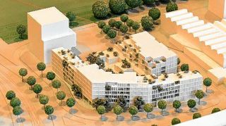 Modell der Schafweide-Wohnbebauung nach dem Siegerentwurf der Steinhoff/Haehnel Architekten. Links oben das künftige SWR-Studio.