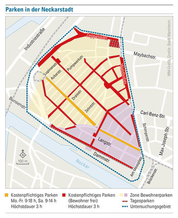 In den rot markierten Straßen ist das kostenpflichtige Parken für die Anwohner gebührenfrei.