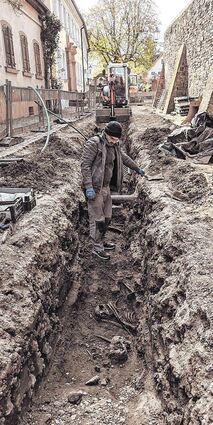 Die sterblichen Überreste von bislang rund 20 Menschen unterscheidlichen Alters haben die Archäologen an der Mauer zum Bischofshof (r.) bereits gefunden.