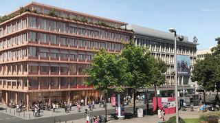 Die Fassadenfarbe ist noch nicht endgültig: Entwurf für den Neubau der Sparkasse Rhein Neckar Nord am Paradeplatz, von N 1 aus gesehen.