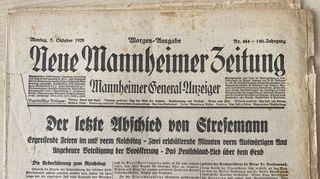 Zeugnisse des Mannheimer Zeitungslebensvor dem „MM“: Der Nachruf der NMZ zum Tode von Reichsaußenminister Gustav Stresemann 1929.<br />