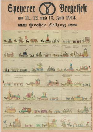 Ein Plakat aus frühen Tagen des Brezelfests: Das Motiv zum Umzug aus dem Jahr 1914 hat der Verkehrsverein erst kürzlich auf alten Fotos im Vereinsarchiv entdeckt.