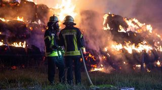 Nächtliche Flammenhölle: Zwei von insgesamt mehr als 100 Feuerwehrleuten versuchen in der Nacht zum Sonntag, das Feuer in der Nähe des Schießhofes in Rosengarten zu löschen.