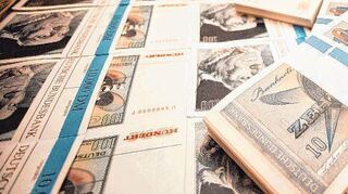 Einige Bündel der Notfallbanknoten aus der Serie BBk II – während die Vorderseite den regulär im Umlauf befindlichen Scheinen glich, waren die Rückseiten mit anderen Motiven gestaltet.