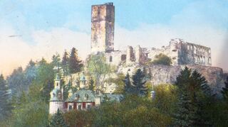 Eine alte Postkarte zeigt die Ruine Königstein um das Jahr 1900.