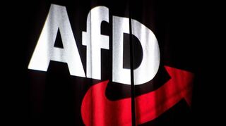Das Logo der AfD wird beim Bundesparteitag auf einen dunklen Vorhang projiziert. Auch in Ludwigshafen hat die Partei eher düstere Zeiten durchgemacht.