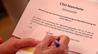 Der Abstimmungszettel über den Gemeinschaftsantrag von Ulrich Seel beim Parteitag der CDU Mannheim.
