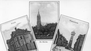 Schule, Kirche, Wasserturm – Postkarte mit Bildern aus der Zeit vor der Eingemeindung von Wallstadt, die dem Dorf im Jahr der Gründung des Grosskraftwerks aber verwehrt und erst 1929 vollzogen wurde.