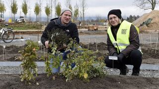 Dominik Kühn (mit „Schneeküsschen“ in der Hand) und Lydia Frotscher in den ersten Rosenbeeten, dahinter die ersten der 2023 „Zukunftsbäume“.