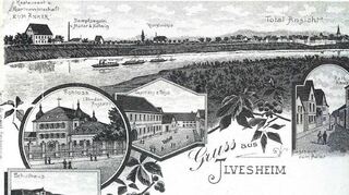 Bereits auf dieser historischen Postkarte von 1895 ist das Gasthaus zu sehen – in dem sechseckigen „Fenster“ oberhalb des Wortes „Gruss“ (roter Kreis).