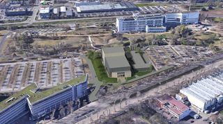 So soll sie aussehen: Entwurf der Ersatzspielstätte „Oper am Luisenpark“ auf dem Oktoberfestplatz zwischen Sporthalle am Rhein-Neckar-Stadion (unten rechts) und Technoseum (oben).