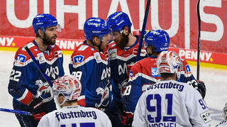 Adler-Jubel nach dem Fürhungstreffer durch Mannheims Thomas Larkin im Spiel gegen Schwenningen.