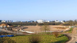 Im Mai soll er geflutet werden – der kleine See, ganz in der Mitte der hölzerne Fledermausturm.