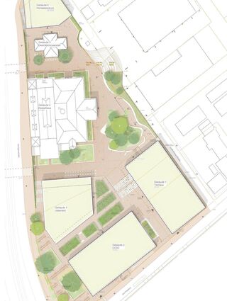 Der Lageplan zeigt, wo die drei Gebäudeteile des neuen Forschungscampus auf dem "Kärcher-Gelände" östlich der Röntgenstraße entstehen sollen.