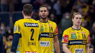 Frust bei den Rhein-Neckar ist ein regelmäßiges Bild: Hier bei Andy Schmid (v.l.), Philipp Ahouansou und Juri Knorr.