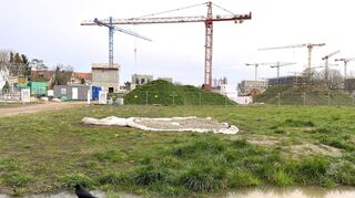 Seit dem Baubeginn der Spinelli-Grundschule an der Dürkheimer Straße (l.) im Oktober 2021 hat sich einiges getan. Seit Monaten drehen sich die Kräne, Betonteile wachsen empor. Auf der Freifläche im Bild wäre Platz für eine Sporthalle.