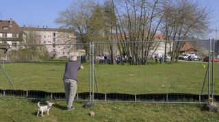Bauzaun und Reptilienschutz schirmen das Areal am Ochsenkopf ab, auf dem die Radweg-Brücke aus der Bahnstadt im Stadtteil Bergheim aufsetzt.