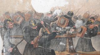 Auch kriegerische Szenen zeigen die Wandgemälde im alten Saal vom Gasthof „Pflug“, die jetzt wiederentdeckt wurden.