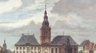 Die älteste farbige Ansicht: Stich von Rathaus und Unterer Pfarrkirche auf einem Stich um 1840.