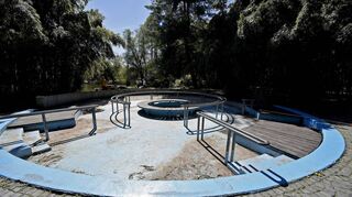 Licht und Schatten im Herzogenriedpark – hier das ungepflegte, alte Kneipp-Becken.