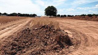 Bulldozer haben das fast erntereife Weizenfeld abgeschoben, weil hier vorübergehend eine Betonmischanlage für die Sanierung der A 5 entstehen soll.