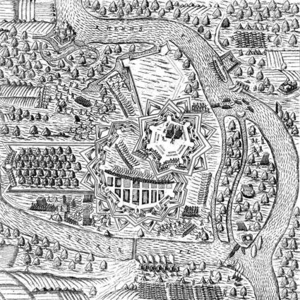 Die Flüsse machen noch viel mehr Schleifen als heute: Alter Stich von der Aufstellung der Truppen Tillys bei der Belagerung Mannheims Ende September 1622. Oben und rechts verläuft der Rhein, oben die brennende Burg Eichelsheim.