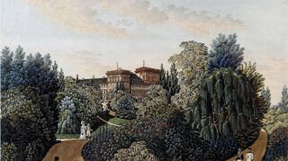 Der Schlossgarten in der Ära der Großherzogin Stephanie auf einem Aquarell von 1819 von Joseph Paul Karg.