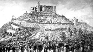 Ein zeitgenössischer Stich zeigt den Zug der Demonstranten am 27. Mai 1832 zum Hambacher Schloss. Dort fand die erste deutsche demokratisch-republikanische Massenversammlung statt, die als Hambacher Fest in die Geschichte einging.