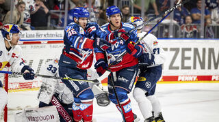 von links: Matthew Donovan und David Wolf von den Adler Mannheim während des Spiels zwischen den Adler Mannheim gegen Red Bull München.
