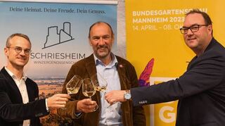 Prost auf das Weinbau-Projekt der Buga: Manuel Bretschi (v.l., Schriesheim), Michael Schnellbach (Buga) und Thomas Vogel (Herxheim).
