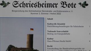 Ausriss der Titelseite für die jüngste Ausgabe der Zeitung des „Schriesheimer Demokratie- und Kulturvereins“ mit Einblick in dessen Themenwelt.
