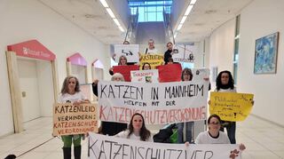 T-Shirts mit Logos zur Kastrationsverordnung: Beim Protest vor dem Ausschuss haben Tierschützer Bürgermeister Christian Specht eines ihrer T-Shits überreicht.