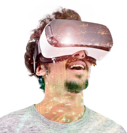 Smiling young man experience VR headset, double exposure with city scape.