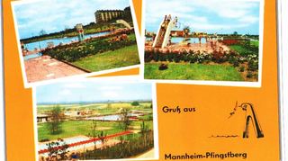 Ansichtskarte mit dem neuen Freibad auf der Rheinau kurz nach seiner Eröffnung von 1965. Die Technik stammt noch heute aus dieser Zeit.